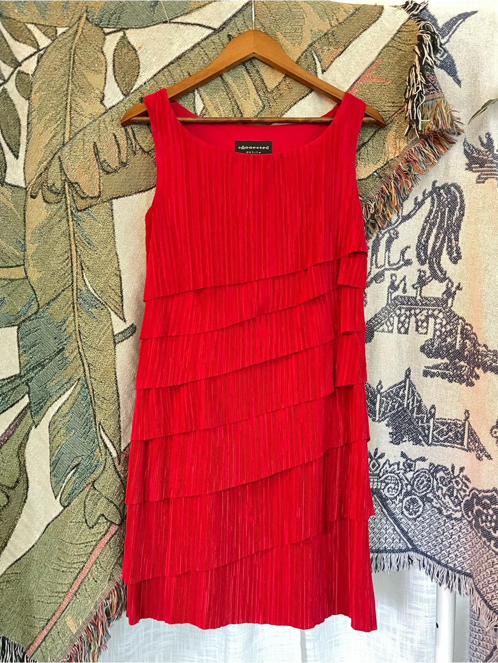 Connected Apparel Red Tiered Pleated Cocktail Dress